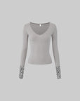 IAMXIAA Leopard Cuff Deep V-Neck Fitted Long Sleeve Top