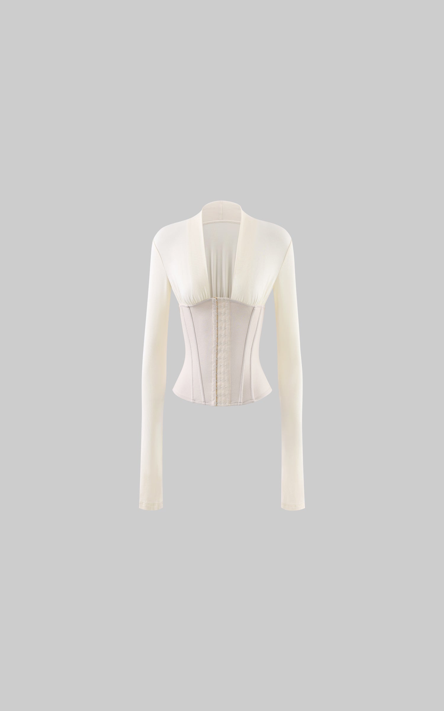 ROVENTE Draped Plunge Corset Long Sleeve Top