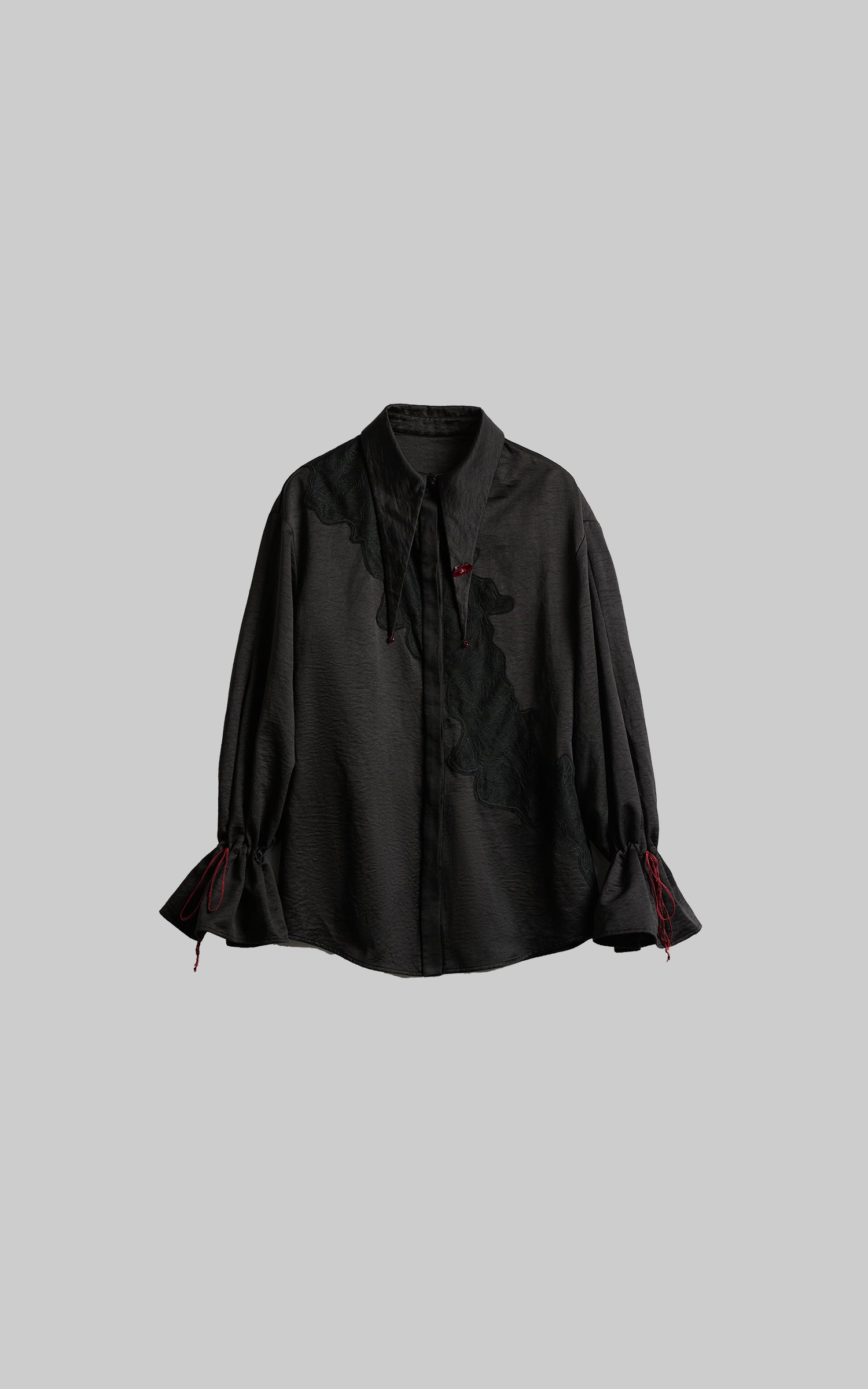 DOINDULGE Asymmetric Textured Shirt with Drawstring Sleeves and Red Accents