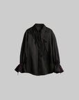 DOINDULGE Asymmetric Textured Shirt with Drawstring Sleeves and Red Accents
