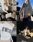Rase le sol T-shirt à manches longues asymétrique à une épaule avec imprimé photo