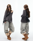 IAMXIAA Off-Shoulder Drawstring Hem Oversized Sweatshirt