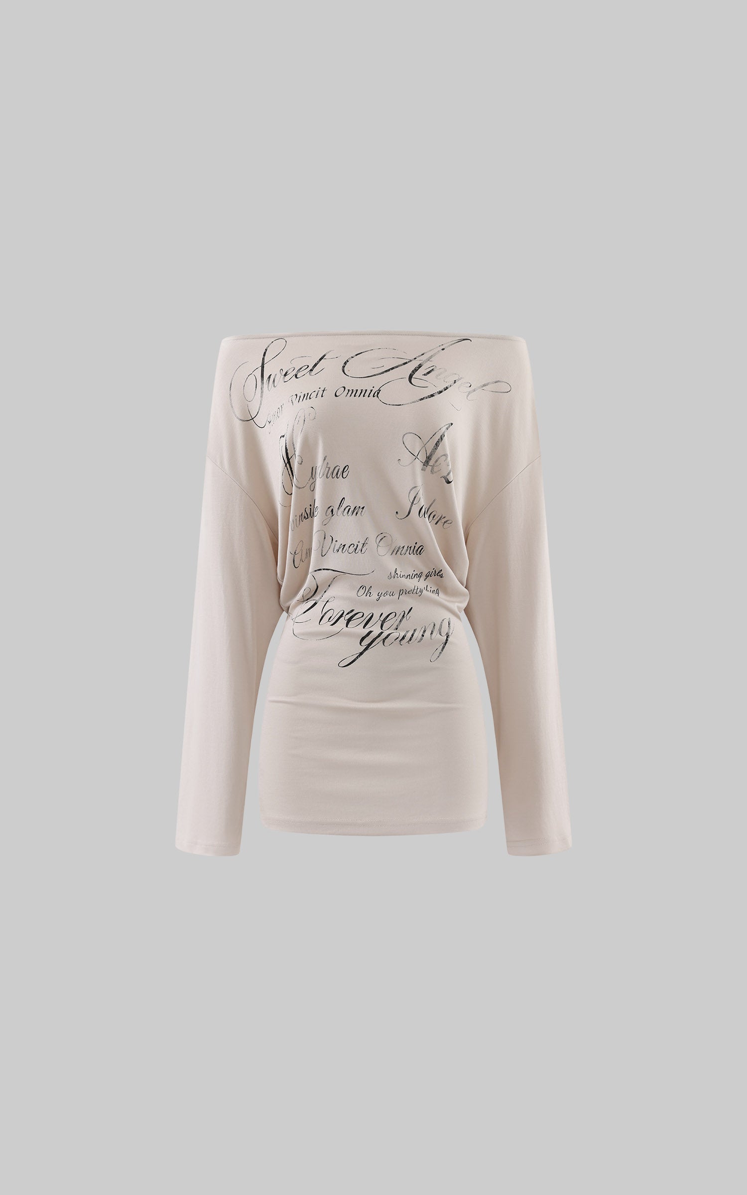 Hydrae Off Shoulder Script Print Long Sleeve Top
