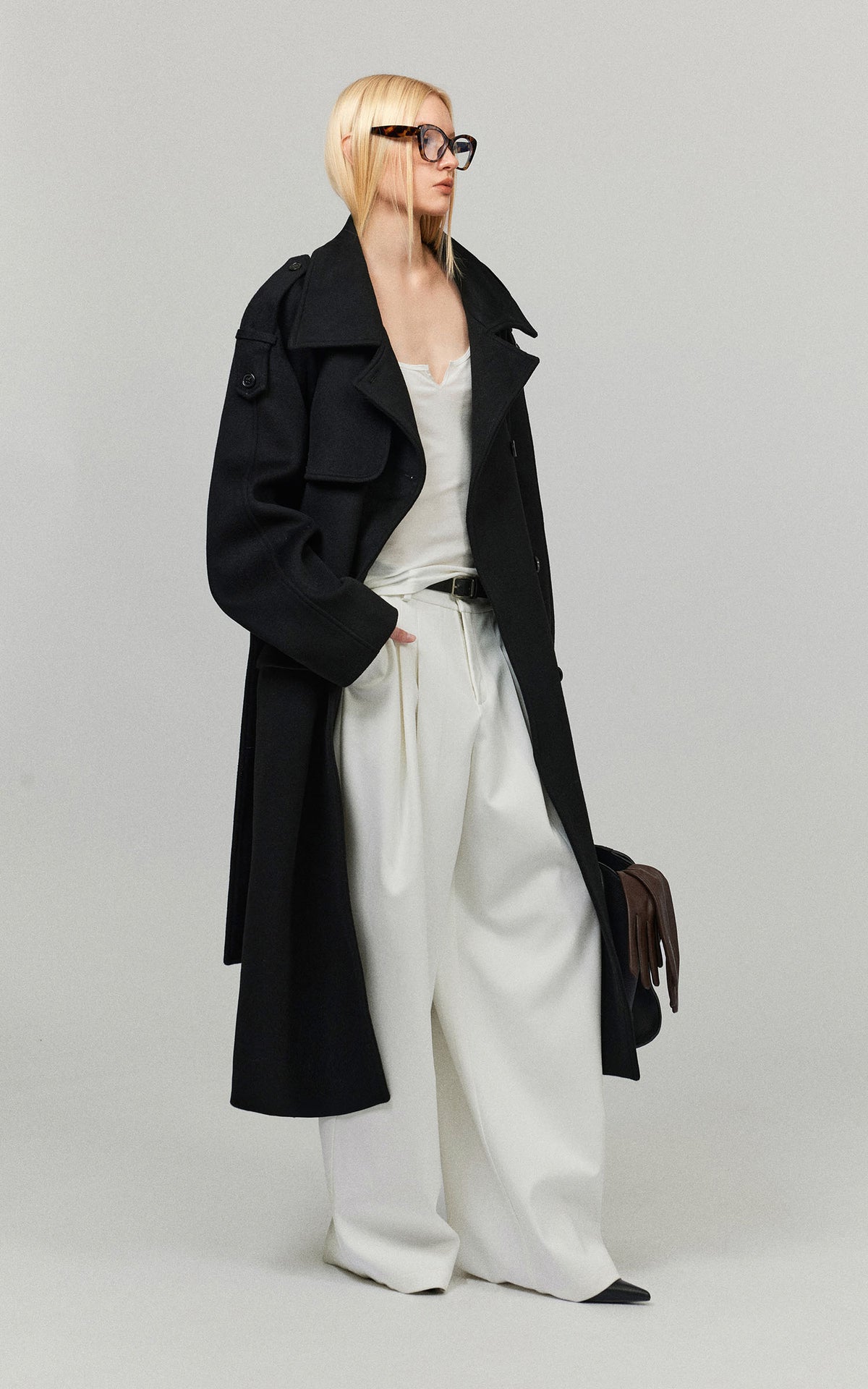 0122stepll Oversized Military Belted Long Wool Trench Coat