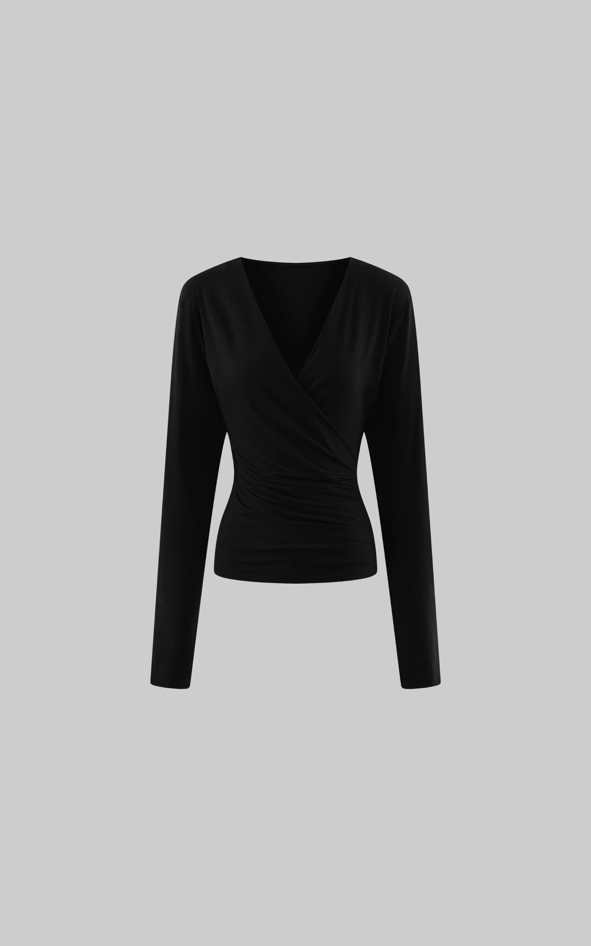 ROVENTE Plunging V-Neck Wrap-Effect Top with Ruched Waist &amp; Long Sleeves