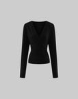 ROVENTE Plunging V-Neck Wrap-Effect Top with Ruched Waist & Long Sleeves