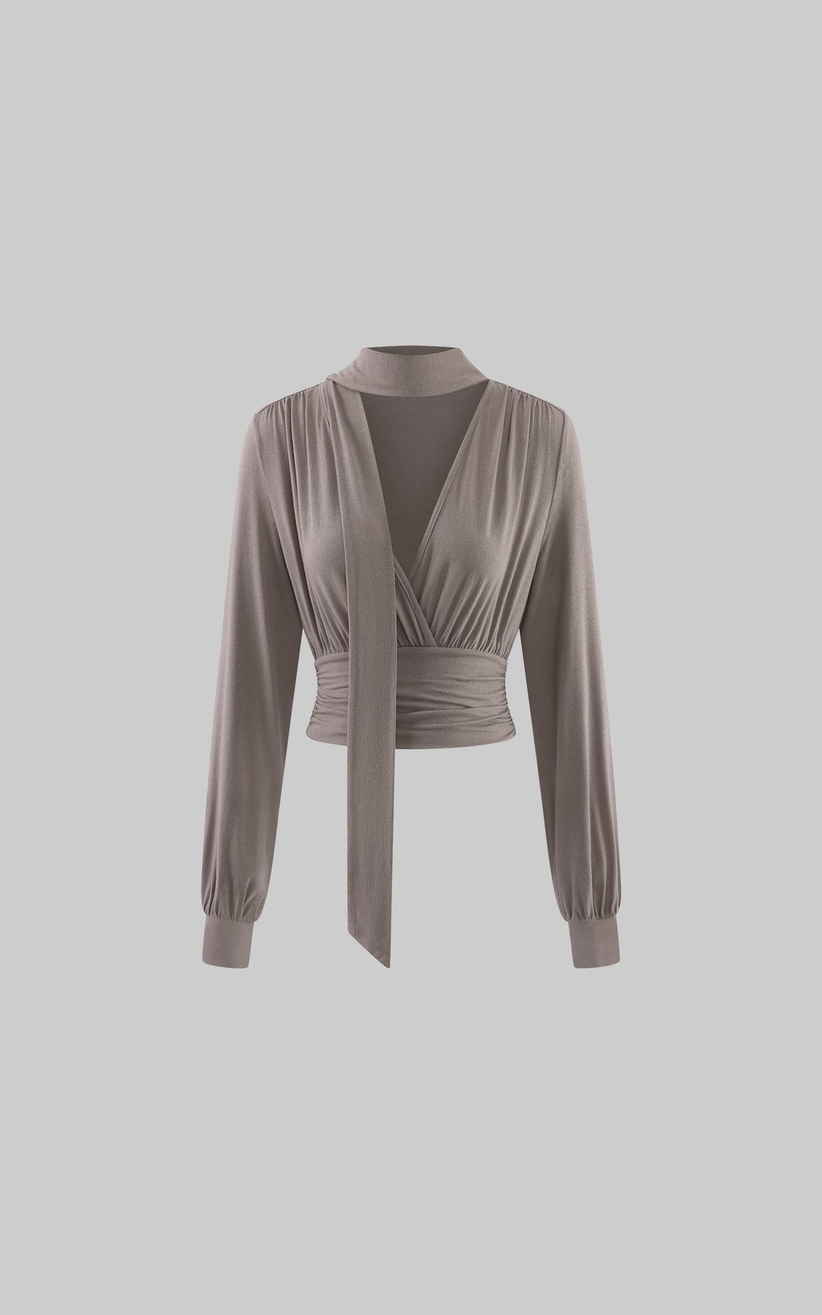 Hydrae Draped Wrap Front Ruched Long Sleeve Top With Asymmetric Neckline