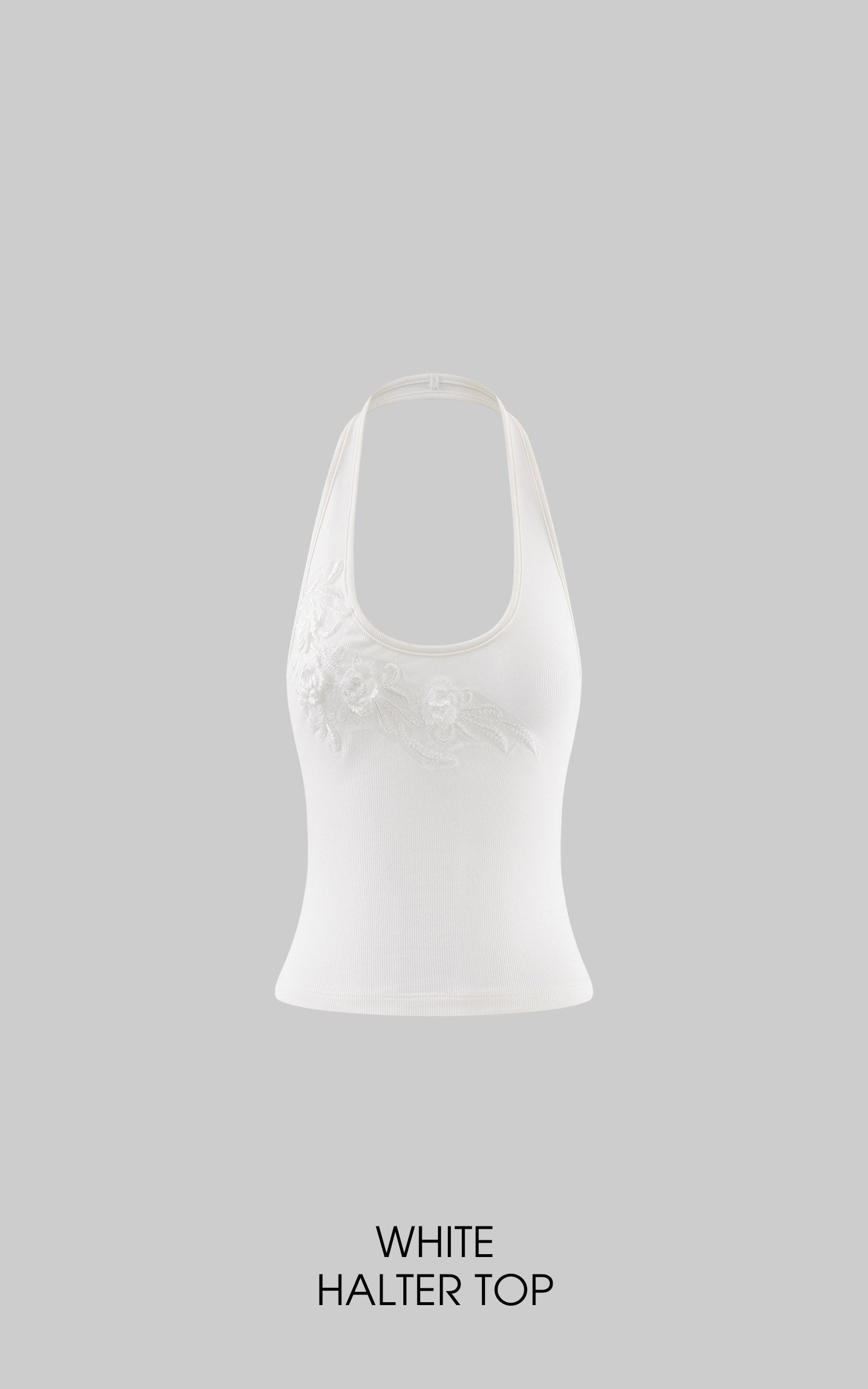 Hydrae Floral Appliqué Ribbed Halter Neck Crop Top Sculpt Fit Sleeveless Minimal