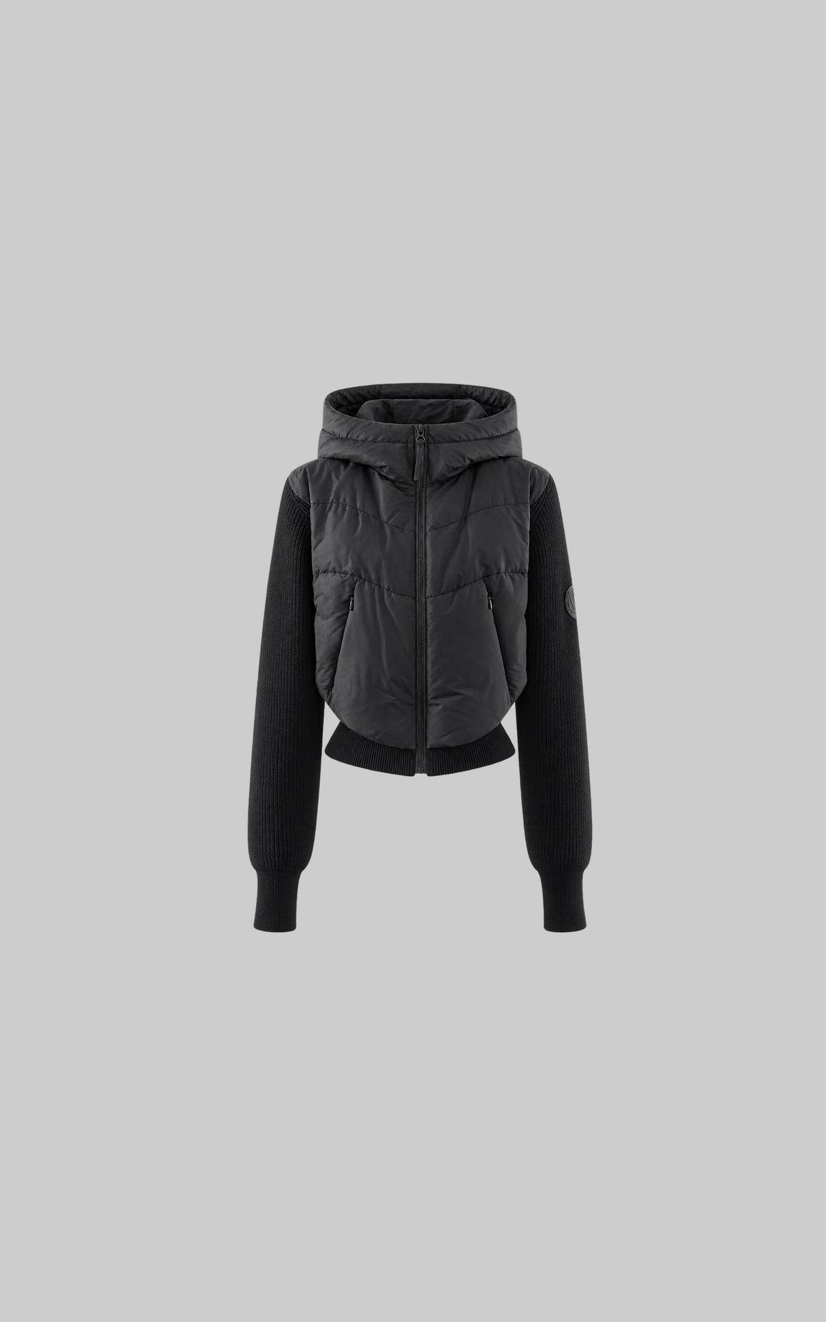 WARDEN EDGE Black Hooded Puffer Jacket with Knit Sleeves