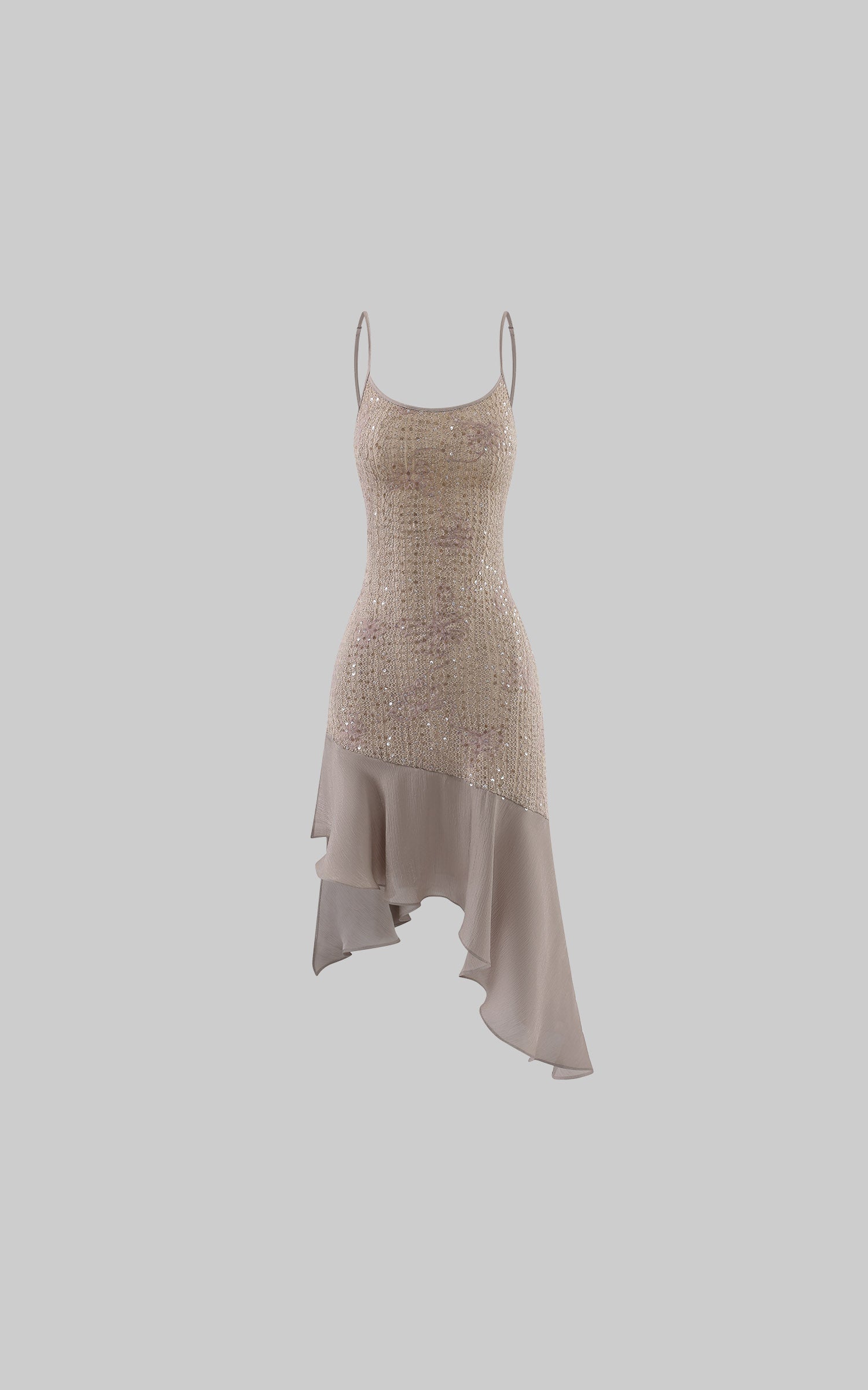 Hydrae Sequin Knit Asymmetric Chiffon Hem Cami Mini Dress