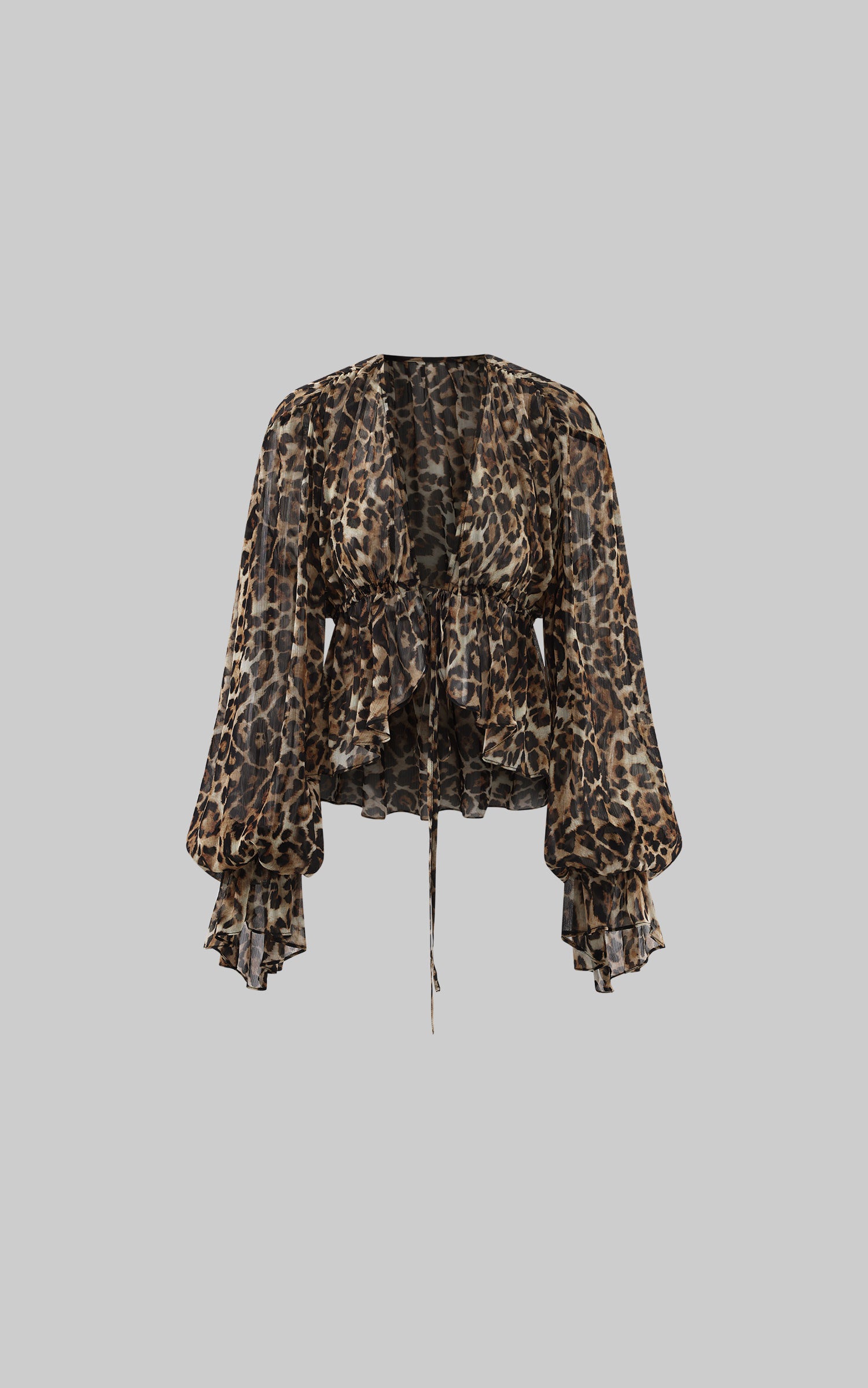 ROVENTE Leopard Chiffon Deep V Ruched Tie-Front Flared Blouse