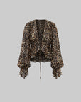 ROVENTE Leopard Chiffon Deep V Ruched Tie-Front Flared Blouse