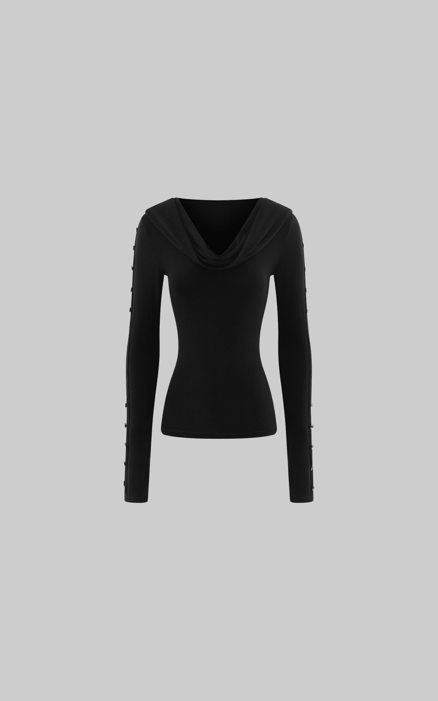 Rase le sol Hooded Cowl-Neck Button-Detail Long-Sleeve T-Shirt