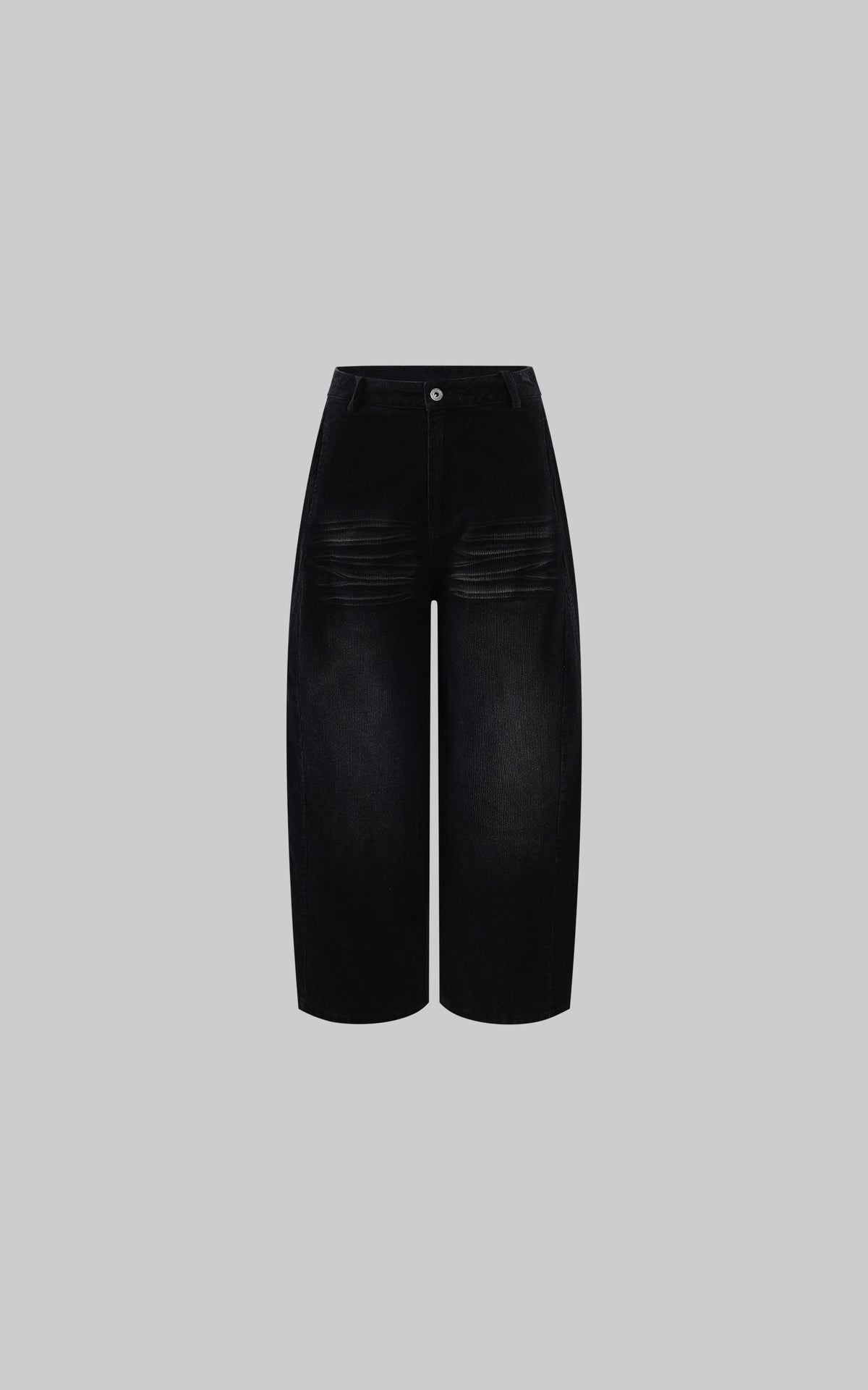 WARDEN EDGE Washed Black Corduroy Wide-Leg Pants with Curved Silhouette &amp; Faded Whisker Detail