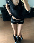 Rase le sol Gothic Script Embroidered Low-Rise Mini Shorts
