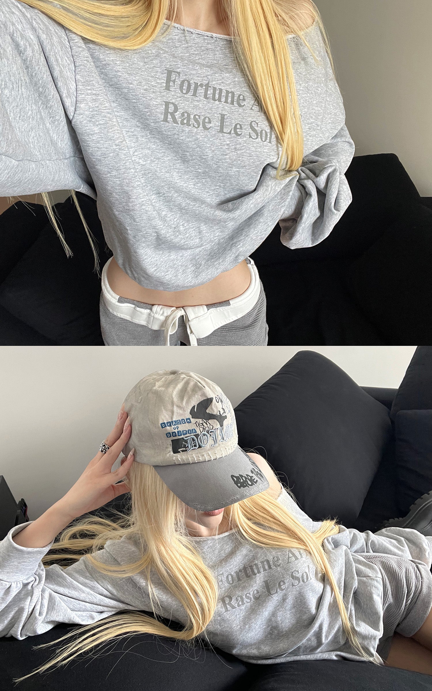 Rase le sol Fortune Arrives Raw Edge Off-Shoulder Oversized Long Sleeve Sweatshirt