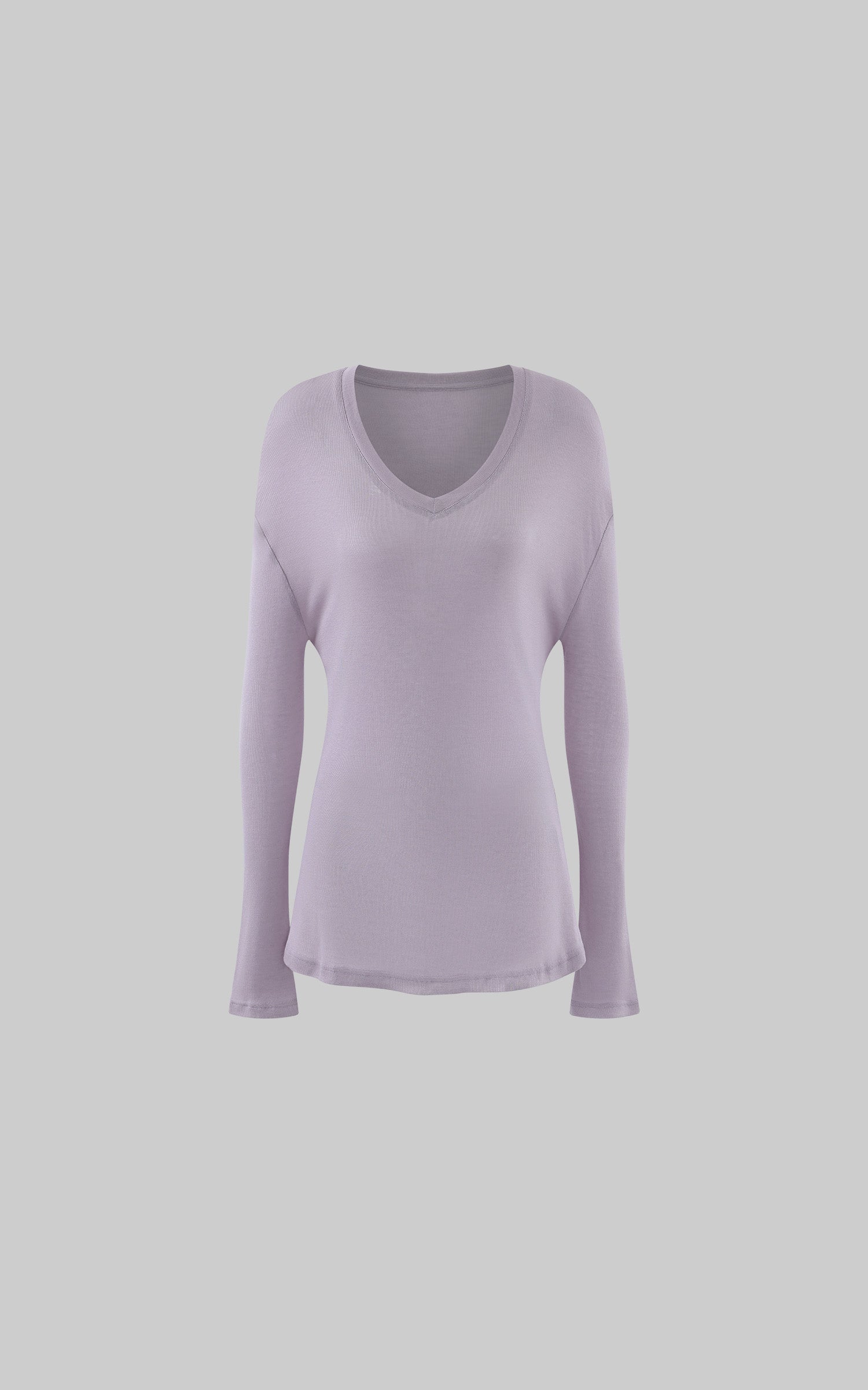 Hydrae Lilac Soft Knit V-Neck Draped Wool Long Sleeve Fitted Top
