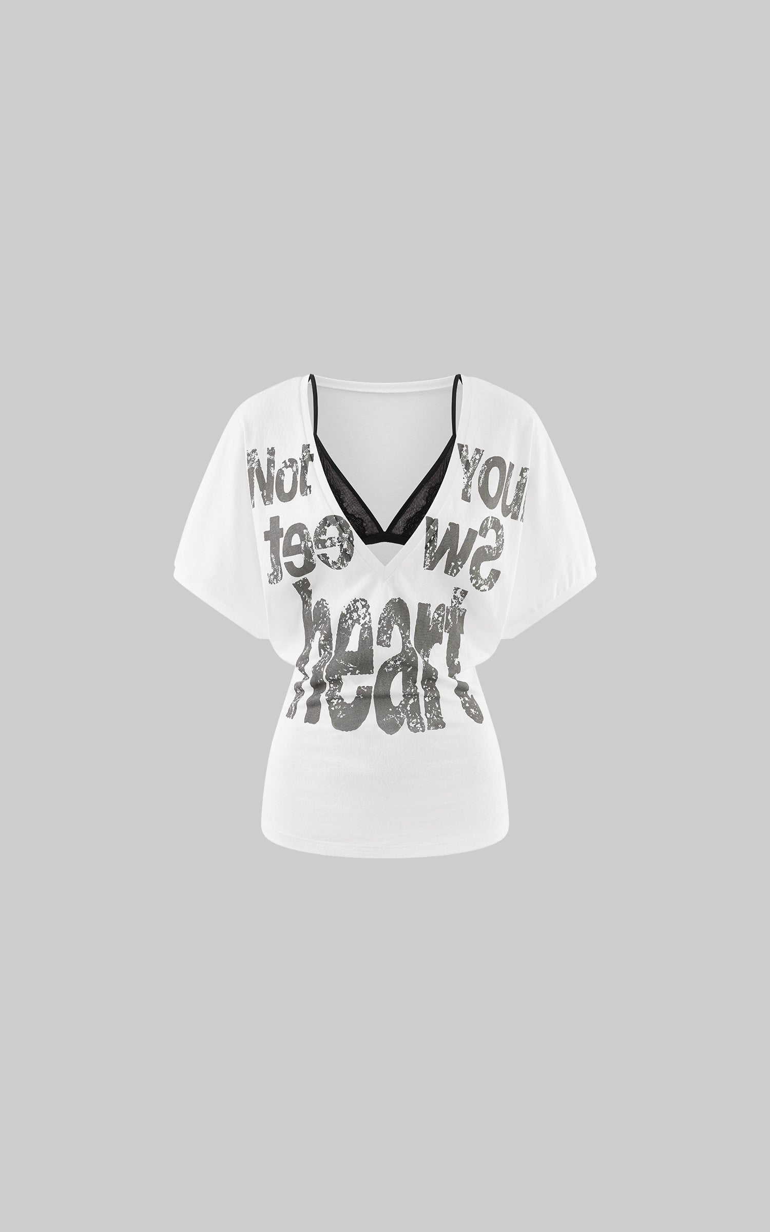 ROVENTE Layered Lace Bralette and Deep V Draped Graphic Tee Two-Piece Set