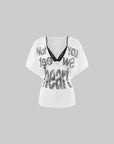 ROVENTE Layered Lace Bralette and Deep V Draped Graphic Tee Two-Piece Set