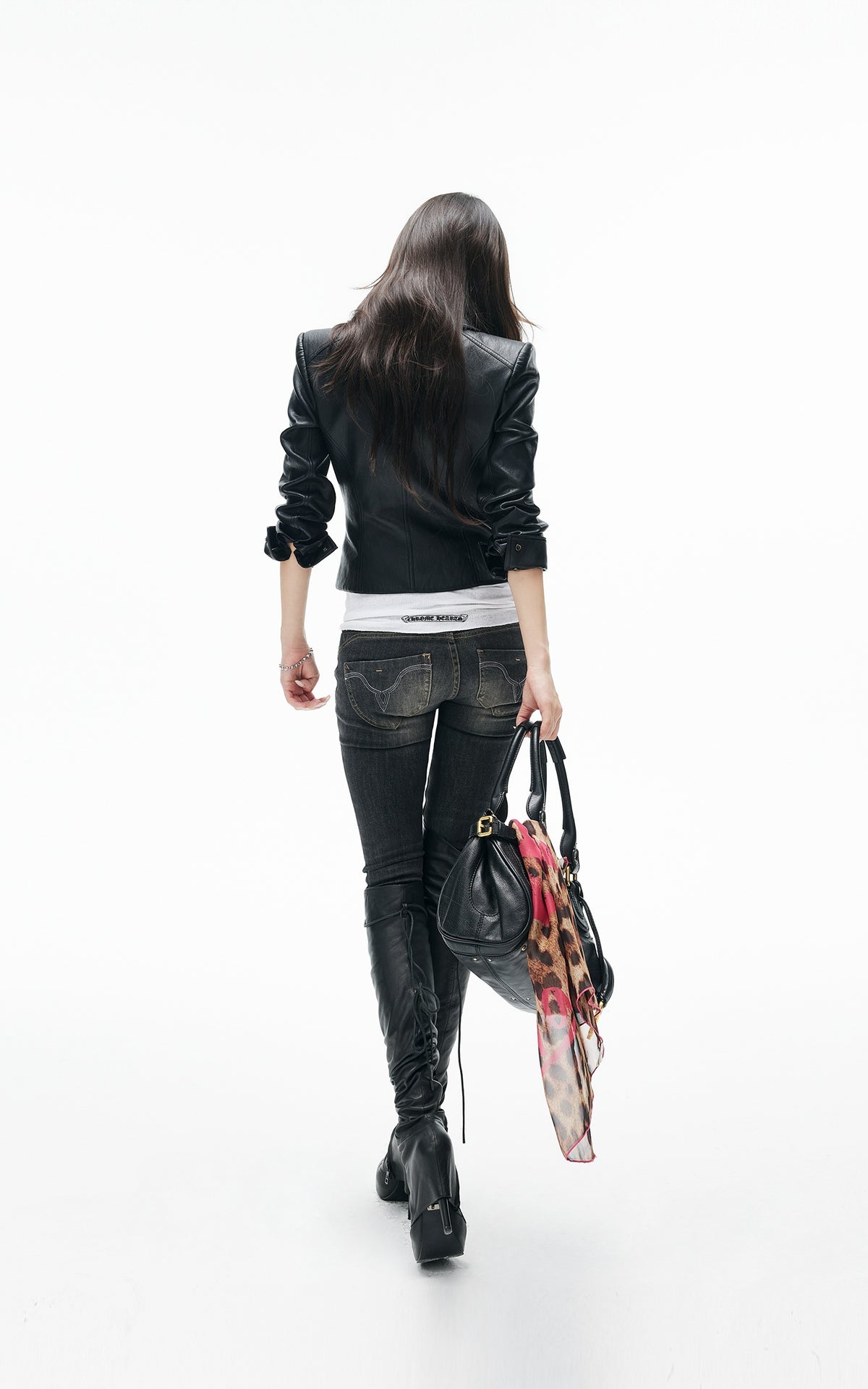 IAMXIAA Veste en cuir moto noire sculptée