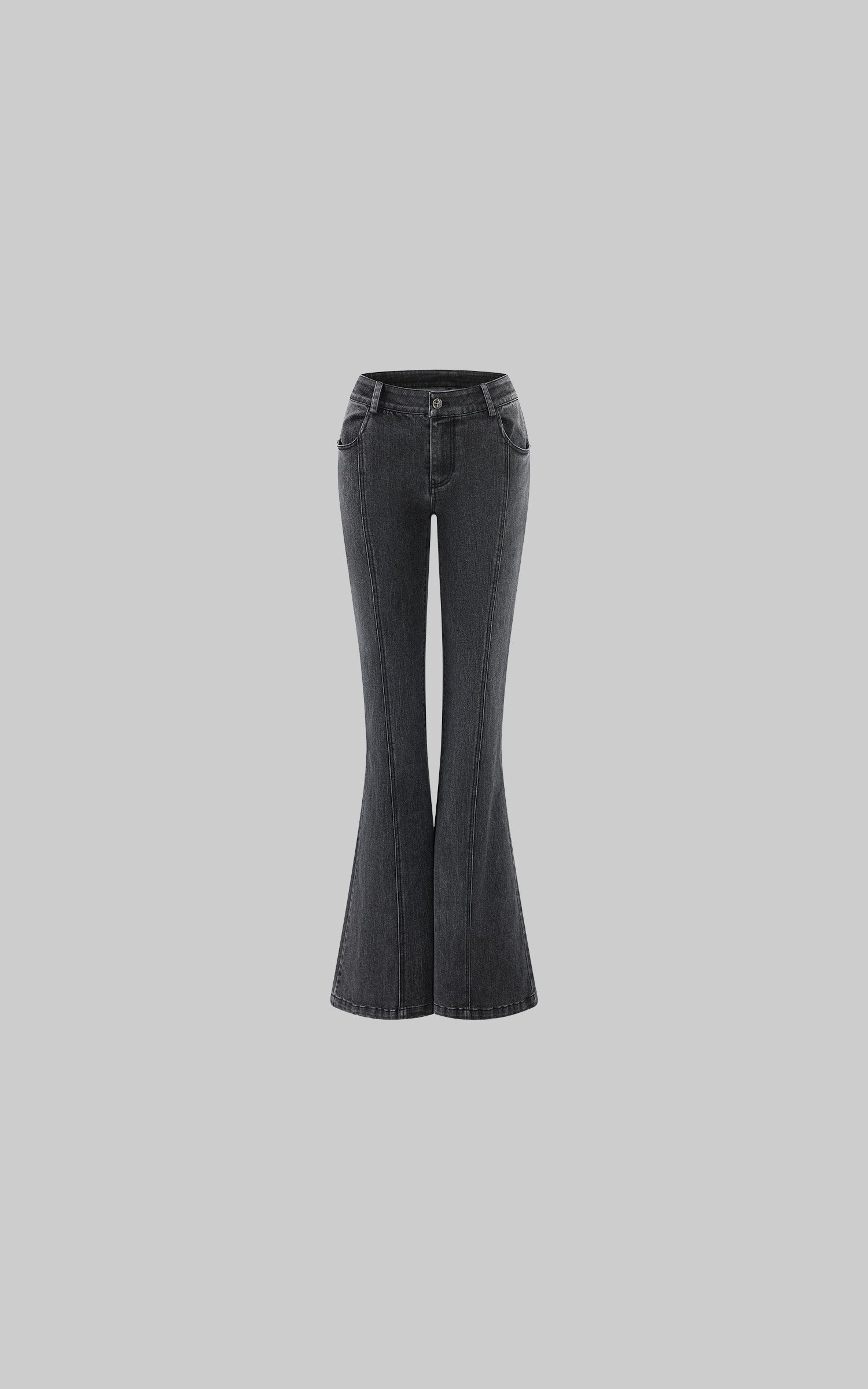 Rase le sol Dark Washed Flare Denim Pants with Slim Fit and Extended Bell Bottom Silhouette