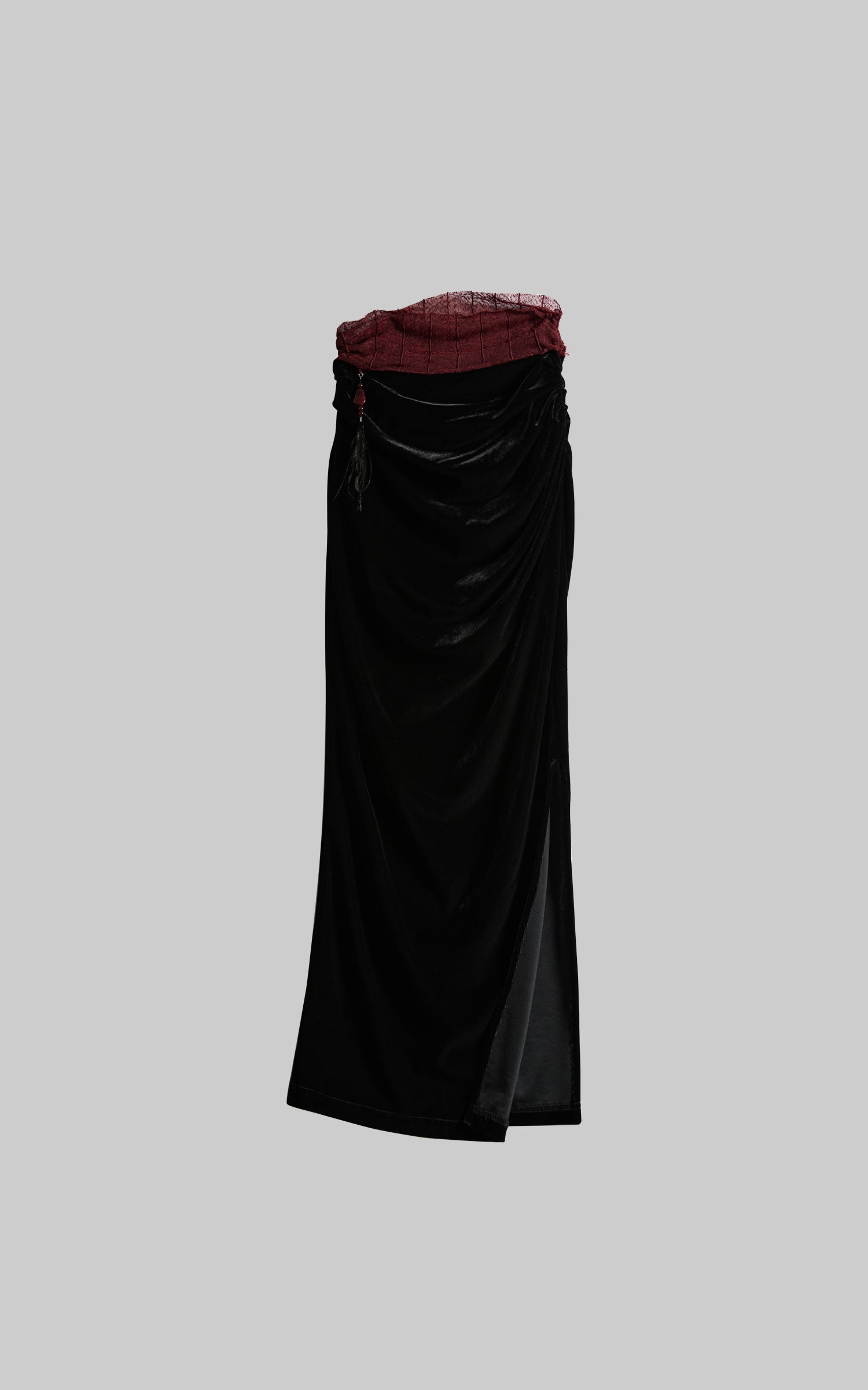 DOINDULGE Draped Velvet Skirt with Sheer Red Waist Detail