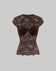 Hydrae Sculpted Lace Cutout Cap Sleeve Corset Top with Sheer Floral Paneling