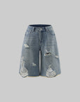 WARDEN EDGE Distressed Raw-Hem Oversized Denim Bermuda Pants