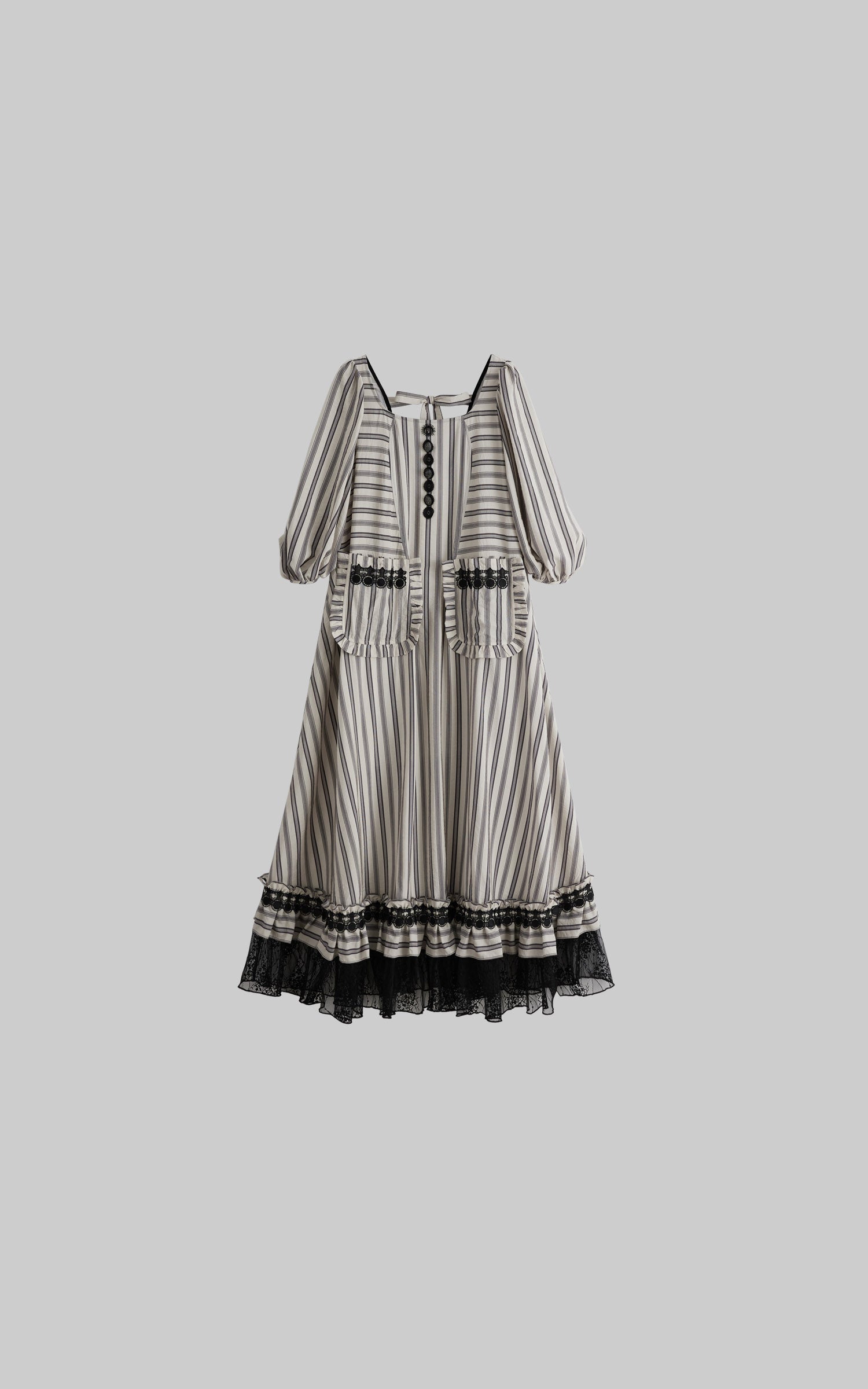 DOINDULGE Striped Square-Neck Fitted Waist Dress with Lace Trim