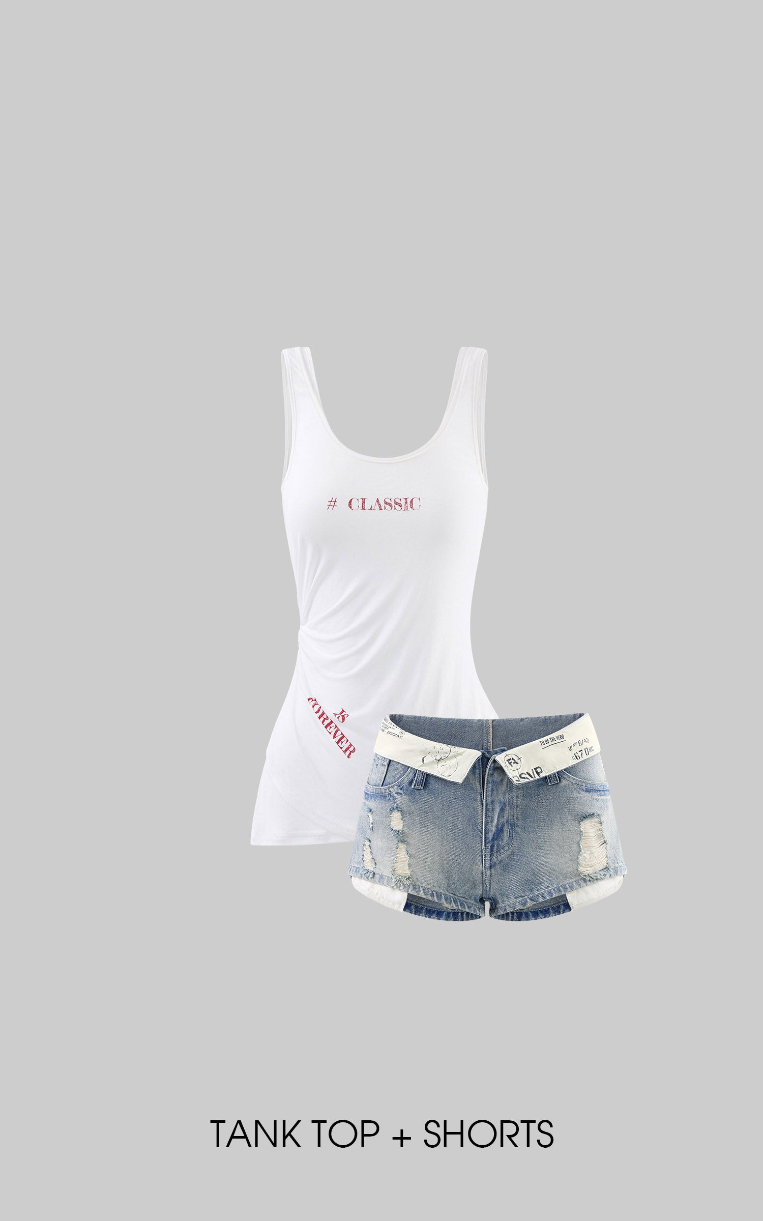 WARDEN EDGE Cherry Sundae Graphic Tee, Ruched Tank Top &amp; Foldover Denim Micro Shorts Set