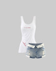 WARDEN EDGE Cherry Sundae Graphic Tee, Ruched Tank Top & Foldover Denim Micro Shorts Set