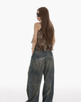 IAMXIAA Leopard Print Ruffle Tank Top Halter Neck Sheer Layered Vest