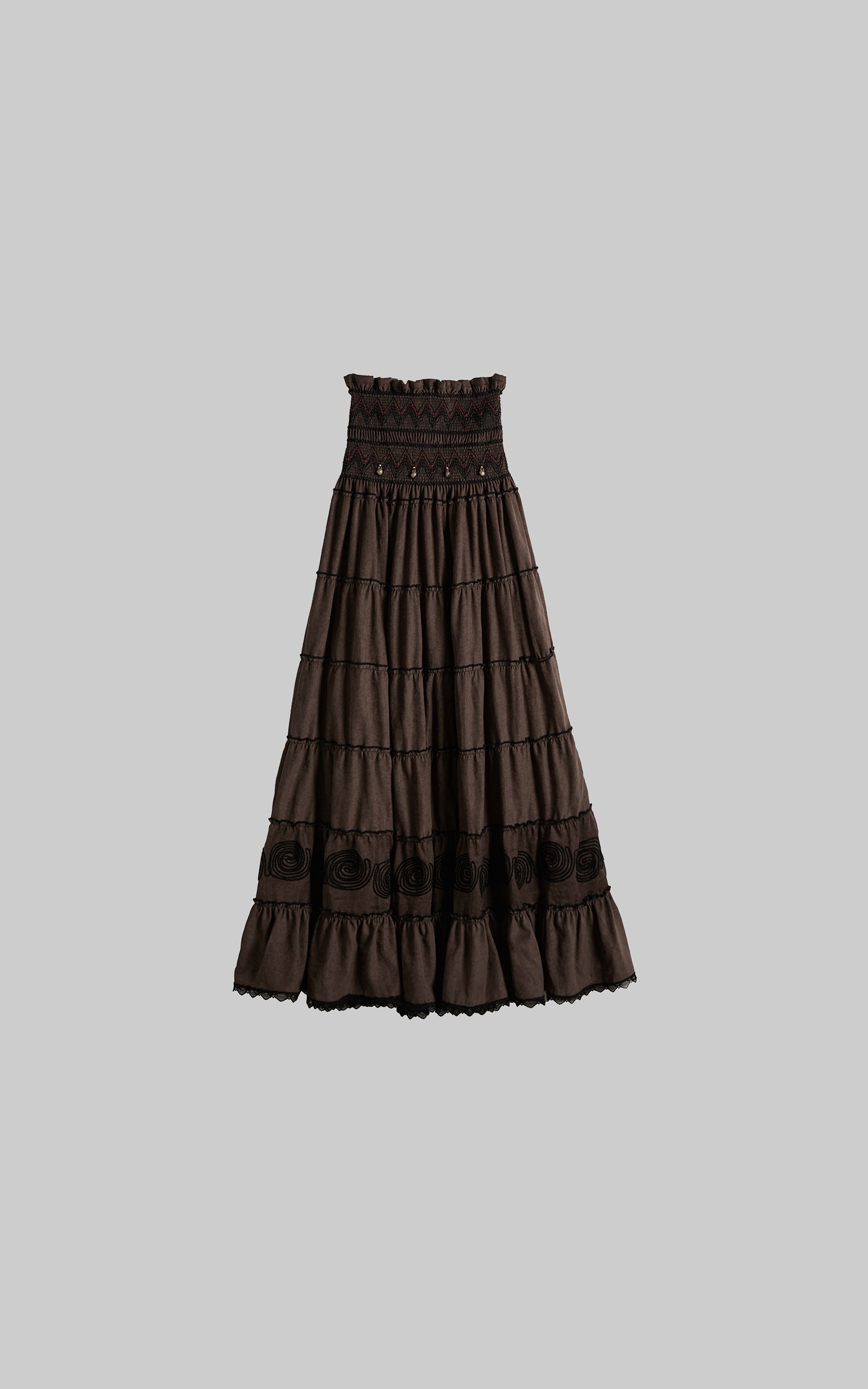 DOINDULGE Textured Tiered Maxi Skirt with Embroidery &amp; Smocked Waist