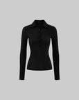 ROVENTE Ribbed Long-Sleeve Polo Top with Extended Button Placket