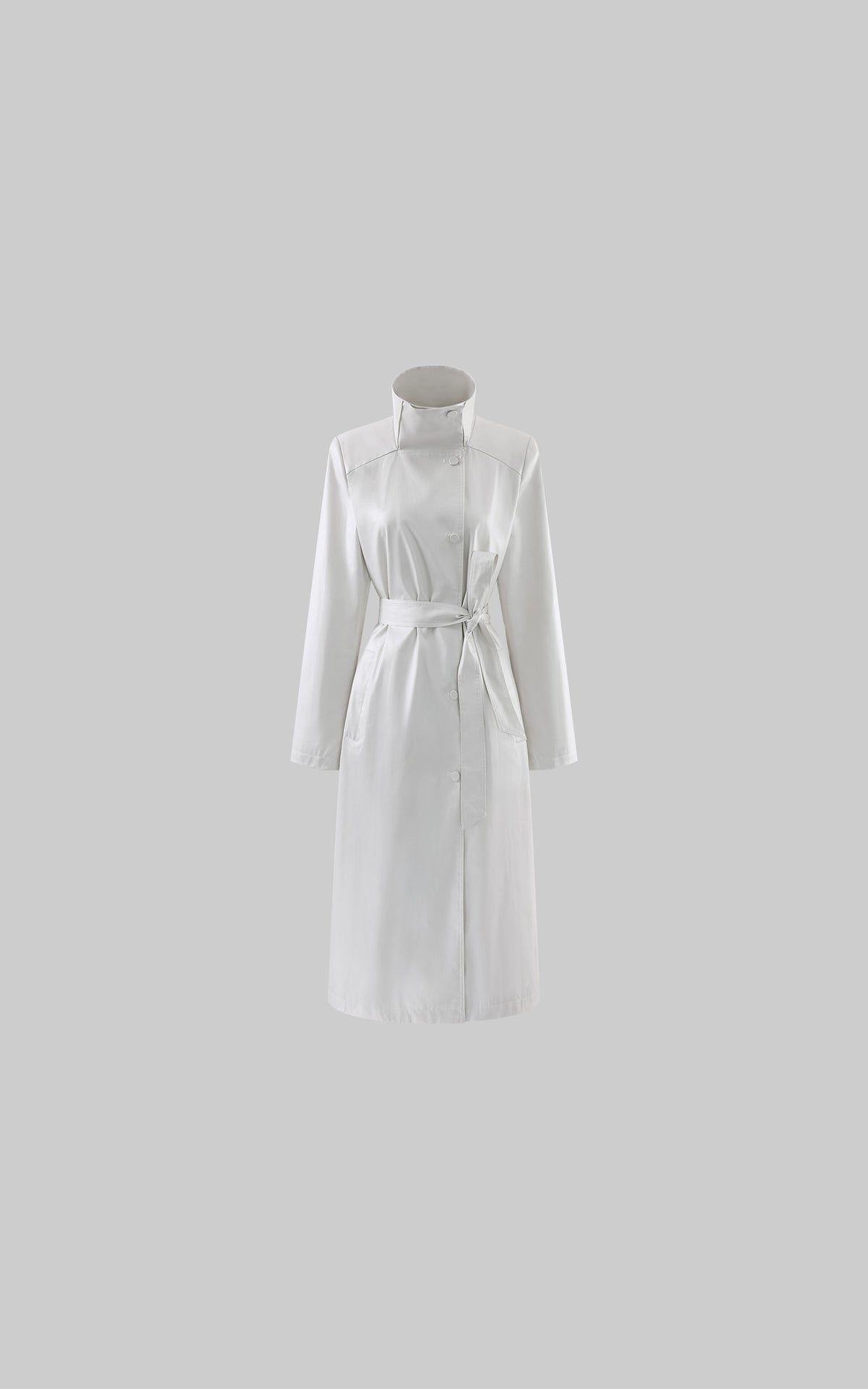 Hydrae Ivory High-Neck Belted Longline Trench Coat with Sculpted Raglan Seams