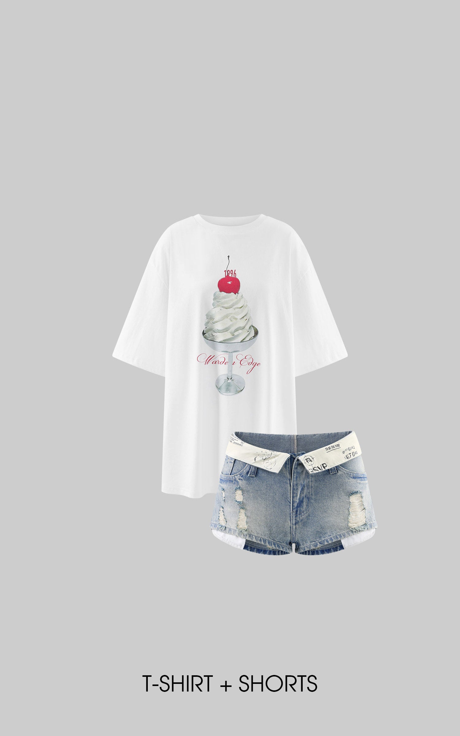 WARDEN EDGE Cherry Sundae Graphic Tee, Ruched Tank Top &amp; Foldover Denim Micro Shorts Set