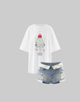 WARDEN EDGE Cherry Sundae Graphic Tee, Ruched Tank Top & Foldover Denim Micro Shorts Set
