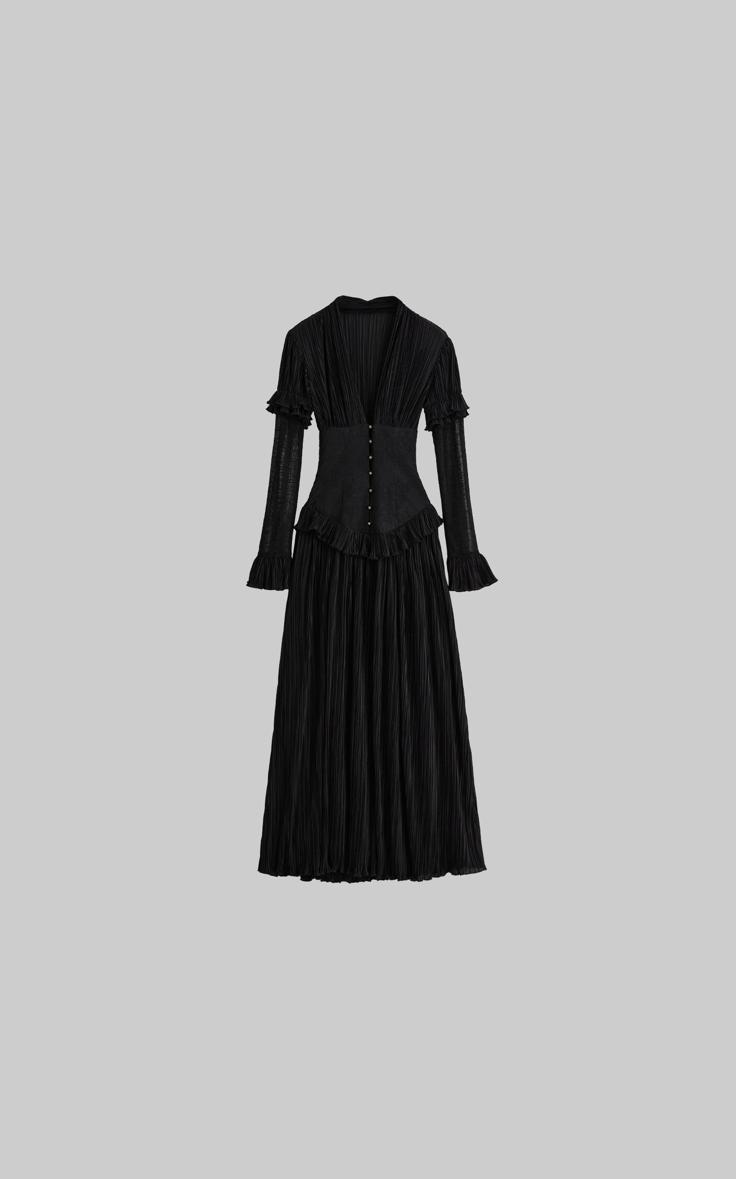 DOINDULGE Deep V Corset Waist Pleated Maxi Dress