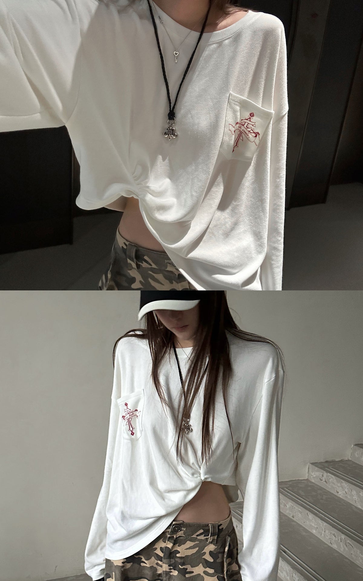 Rase le sol Amor Fati Cross-Embroidered Asymmetric Draped Long Sleeve Top