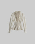 DOINDULGE Ruffled High-Neck Smocked Waist Long Sleeve Blouse