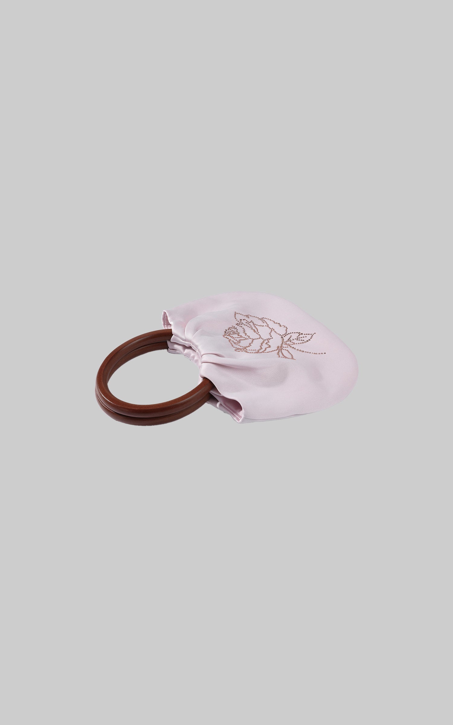 Hydrae Rhinestone Rose Satin Mini Handbag with Sculptural Wooden Ring Handles