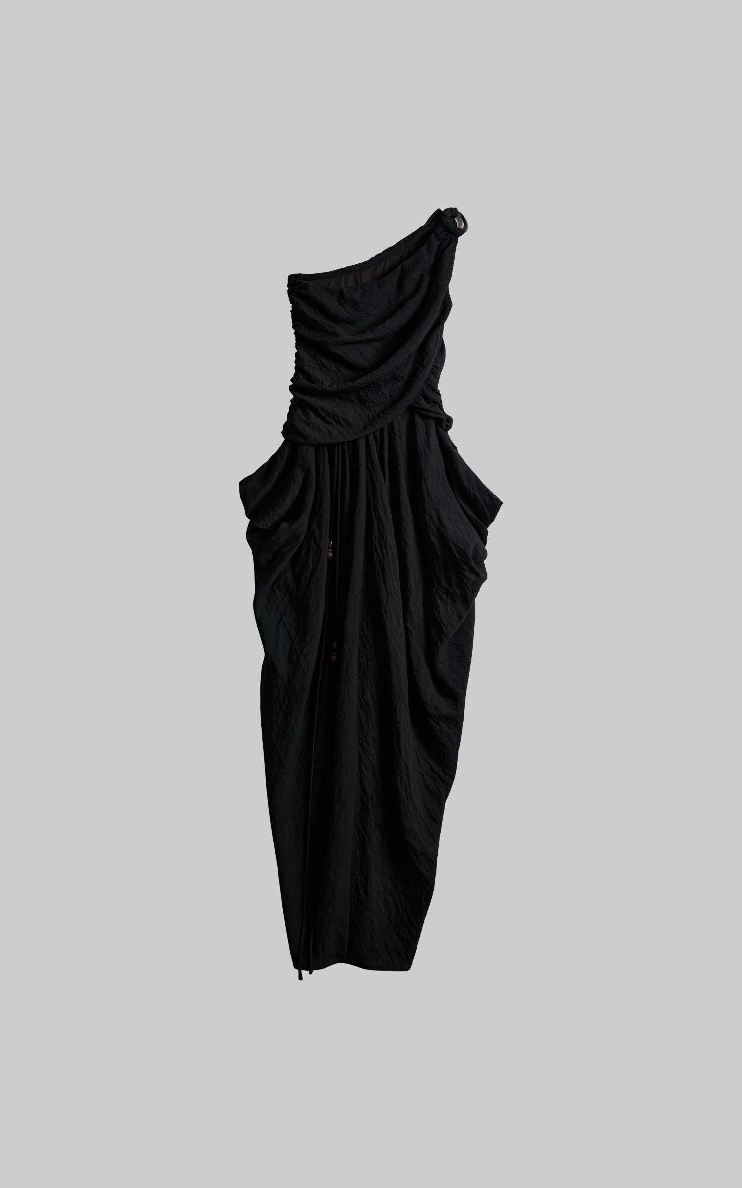 DOINDULGE Asymmetric Draped Maxi Dress with Textured Fabric and Wooden Bead Detail