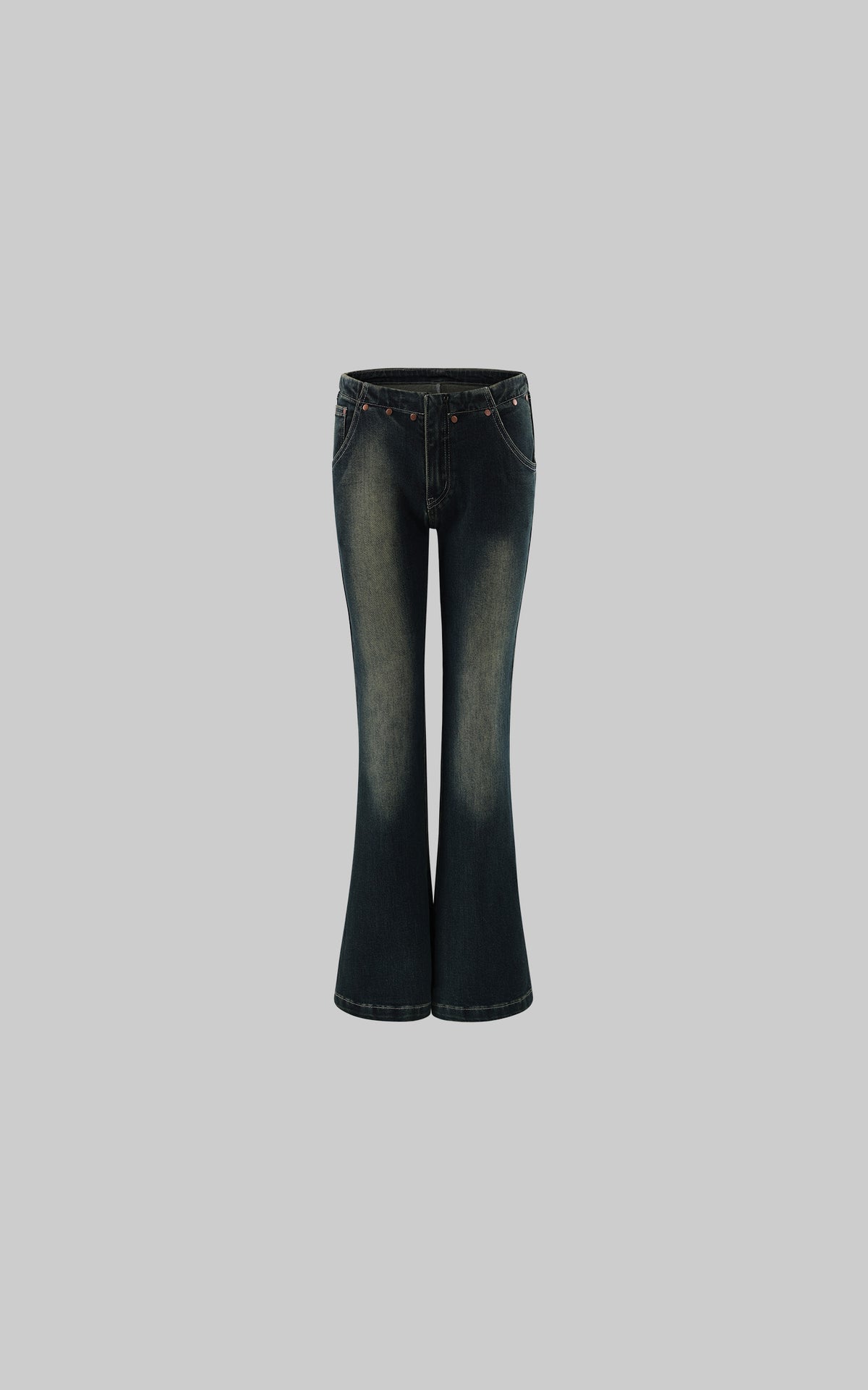 Rase le sol Faded Flared Denim Pants with Copper-Tone Rivets &amp; Embroidered Back Pockets