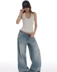 IAMXIAA Distressed Baggy Denim Jeans Low Waist Wide Leg Street Style Vintage Wash