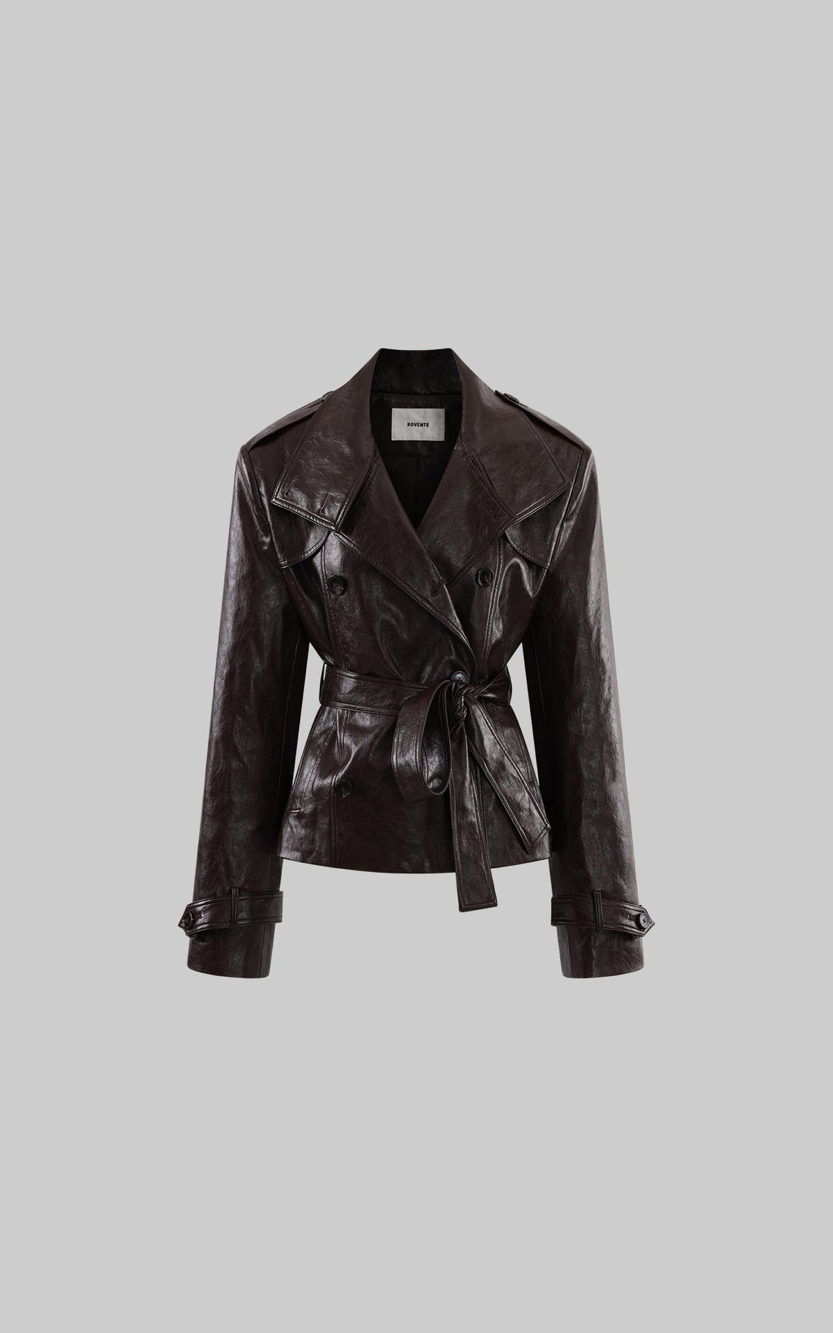 ROVENTE Belted Leather-Look Trench Jacket with Wide Lapels &amp; Double-Breasted Front