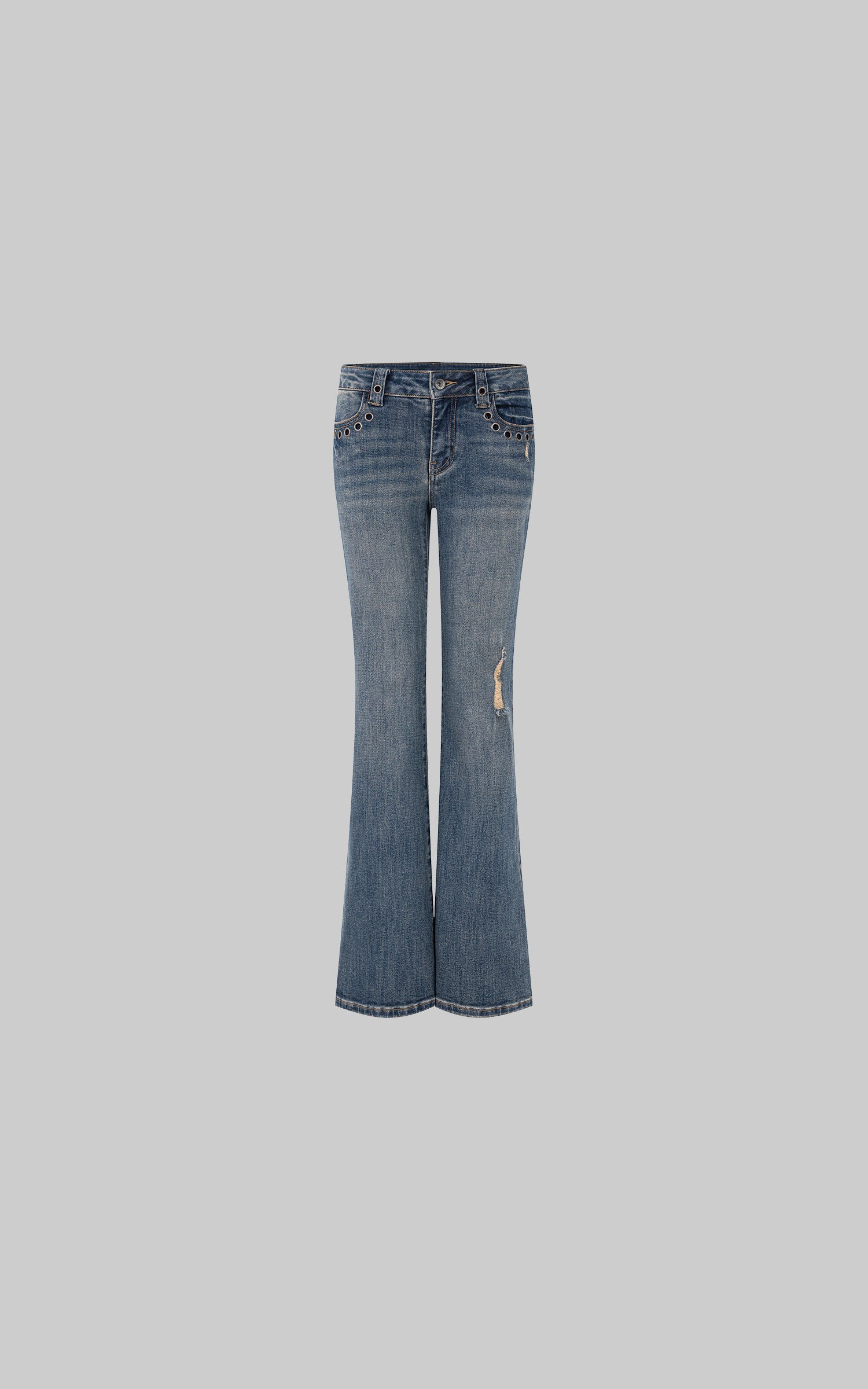 IAMXIAA Low-Rise Eyelet Pocket Distressed Flared Denim Jeans with Vintage Wash