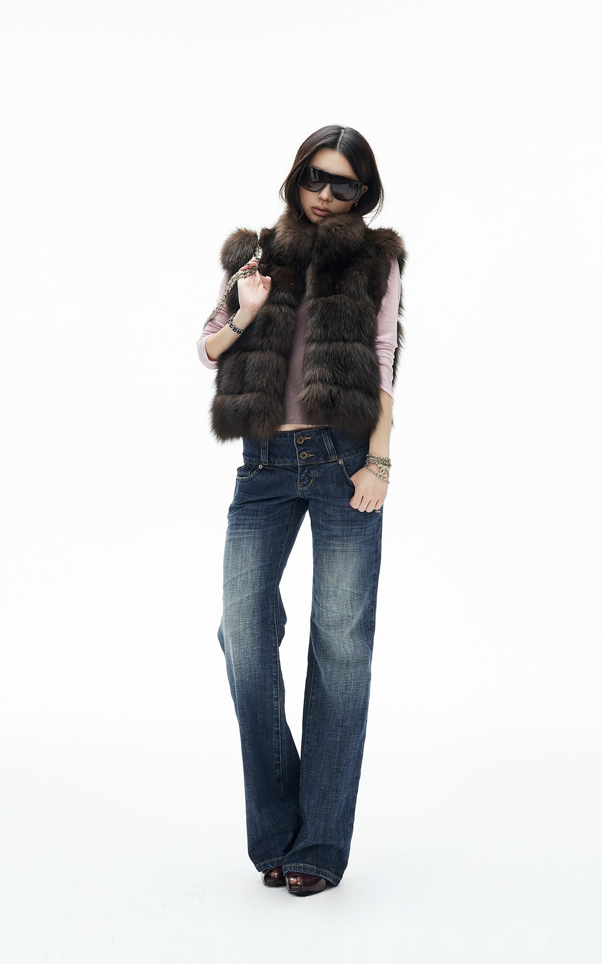 IAMXIAA Chocolate Brown Oversized Collar Fox Fur Sleeveless Vest
