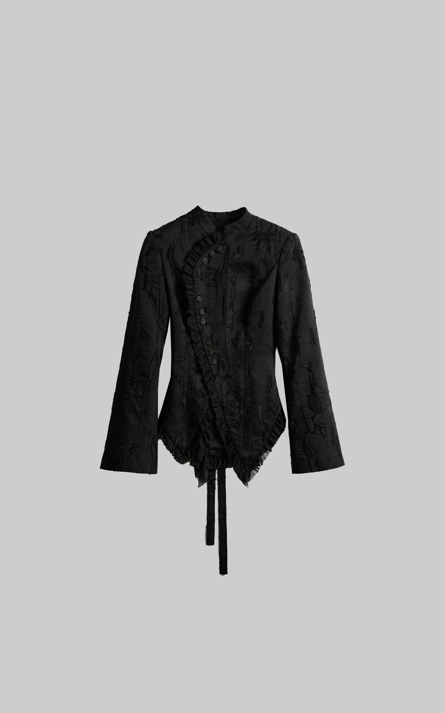 DOINDULGE Textured Asymmetric Blazer with Ruffled Edge and Fitted Silhouette