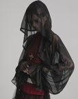 DOINDULGE Draped Mesh Hooded Cardigan with Tassel Accents and Voluminous Sleeves