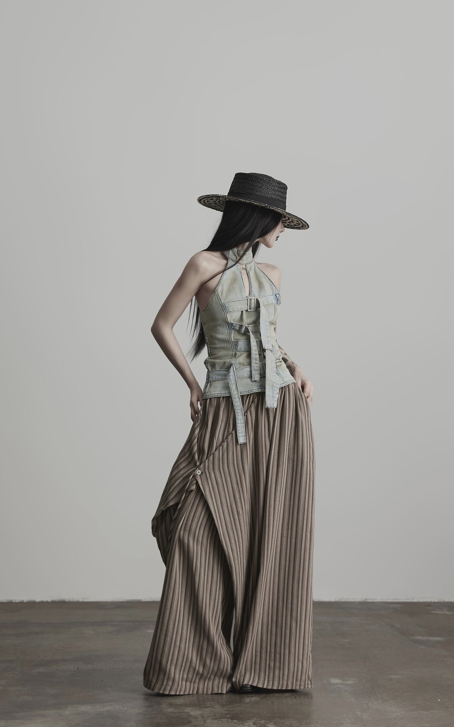 DOINDULGE Draped Asymmetric Wide-Leg Trousers in Textured Stripe